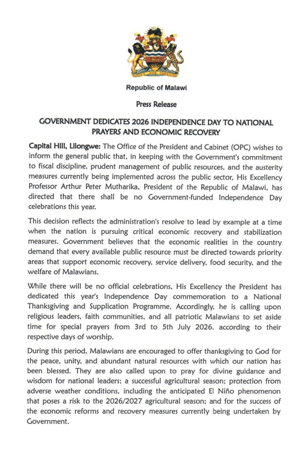 press statement issued